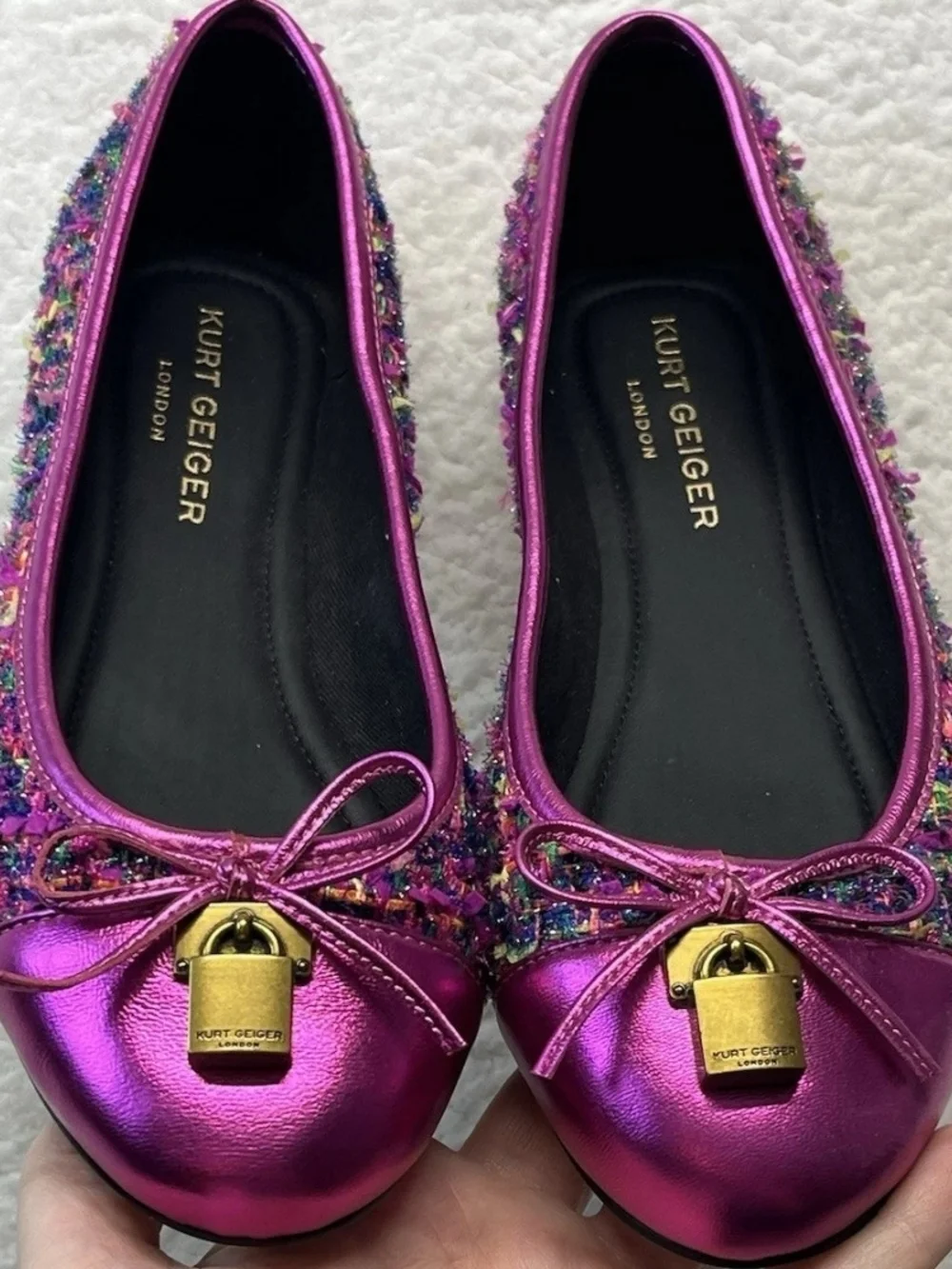 Kurt Geiger Metallic Fuchsia Tweed Ballet Flats with Gold Charm - Picture 2 of 7